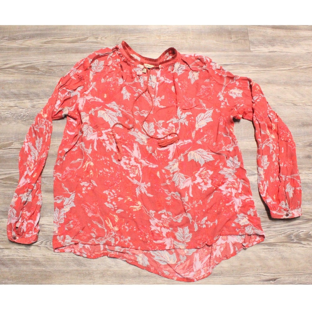Lucky Brand Red Floral Peasant Blouse Velvet Trim Tassel Tie Top Medium